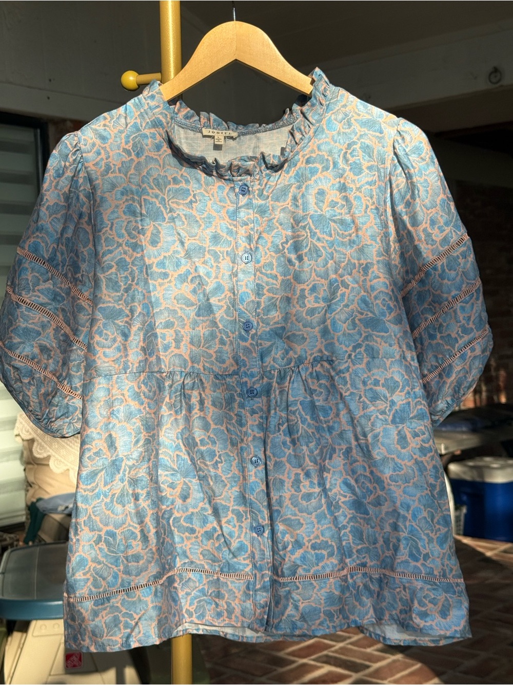 Jodifl Blue Peach Floral Ruffle Neck Blouse Size L